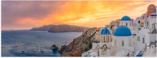 Poster Glanzend – Zonsondergang op het Griekse eiland Santorini - 90x30 cm Foto op Posterpapier met Glanzende Afwerking