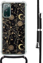Hoesje met koord - Geschikt voor Samsung Galaxy S20 FE - Sterren, zon, maan - Verstelbaar zwart koord - Crossbody - Sterren - Zwart, Transparant - Leuke Telefoonhoesjes