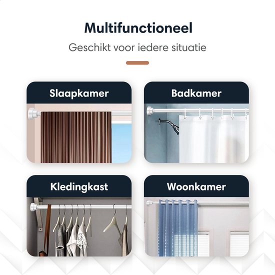 Vier afbeeldingen van de GEON gordijnroede in gebruik: slaapkamer met bruine gordijnen, badkamer met douchegordijn, kledingkast met kleding en woonkamer met blauw gordijn.