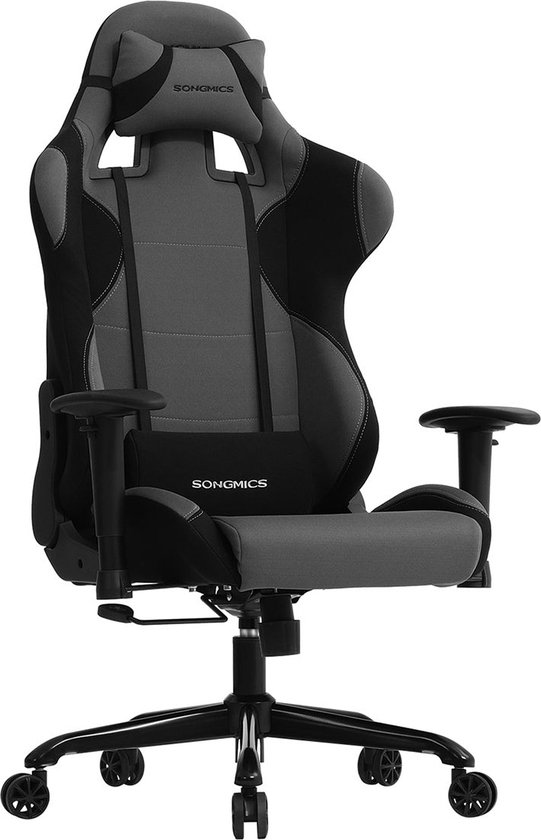 SONGMICS Bureaustoel, speelstoel, directiestoel, ergonomisch, met verstelbare armleuningen, met kussen en lendensteun, 66 x 72 x 124-132 cm, Grijs-zwart RCG13G