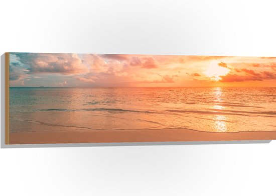 Hout - Oceaan met Prachtige Zonsondergang en Brede Horizon - 120x40 cm - 9 mm dik - Foto op Hout (Met Ophangsysteem)