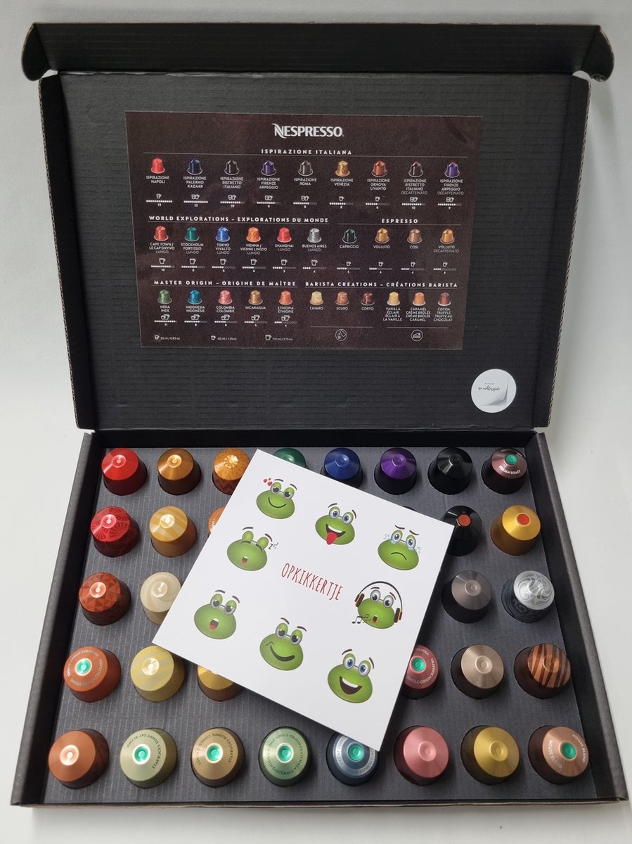 Goedkoopste Koffie Proeverij Pakket groot 40 stuks verschillende smaken met Mystery Card 'Opkikker' met persoonlijke (video) boodschap | Verjaardag | Sinterklaas | Kerstpakket | Vaderdag | Moederdag | Jubileum | Valentijnsdag