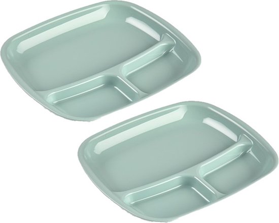 Set van 4x stuks camping/fondu/bbq kunststof borden 3-vaks groen 21 x 24 cm - Fonduebord - Gourmetbord - Barbecuebord