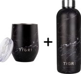 TIGR The Combo - Advantage Set Bouteille isotherme minimaliste et tasse chauffante - 500 ml - Marbre Zwart