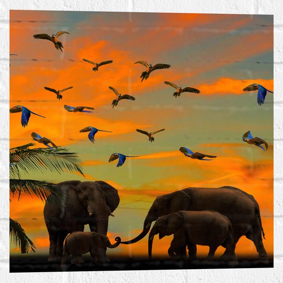 WallClassics - Muursticker - Olifanten bij Palmbomen met Tropische Vogels - 50x50 cm Foto op Muursticker