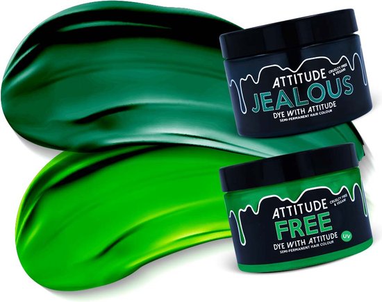 Twee potjes Attitude haarkleur 'Jealous' en 'Free' met groene verfstreken.