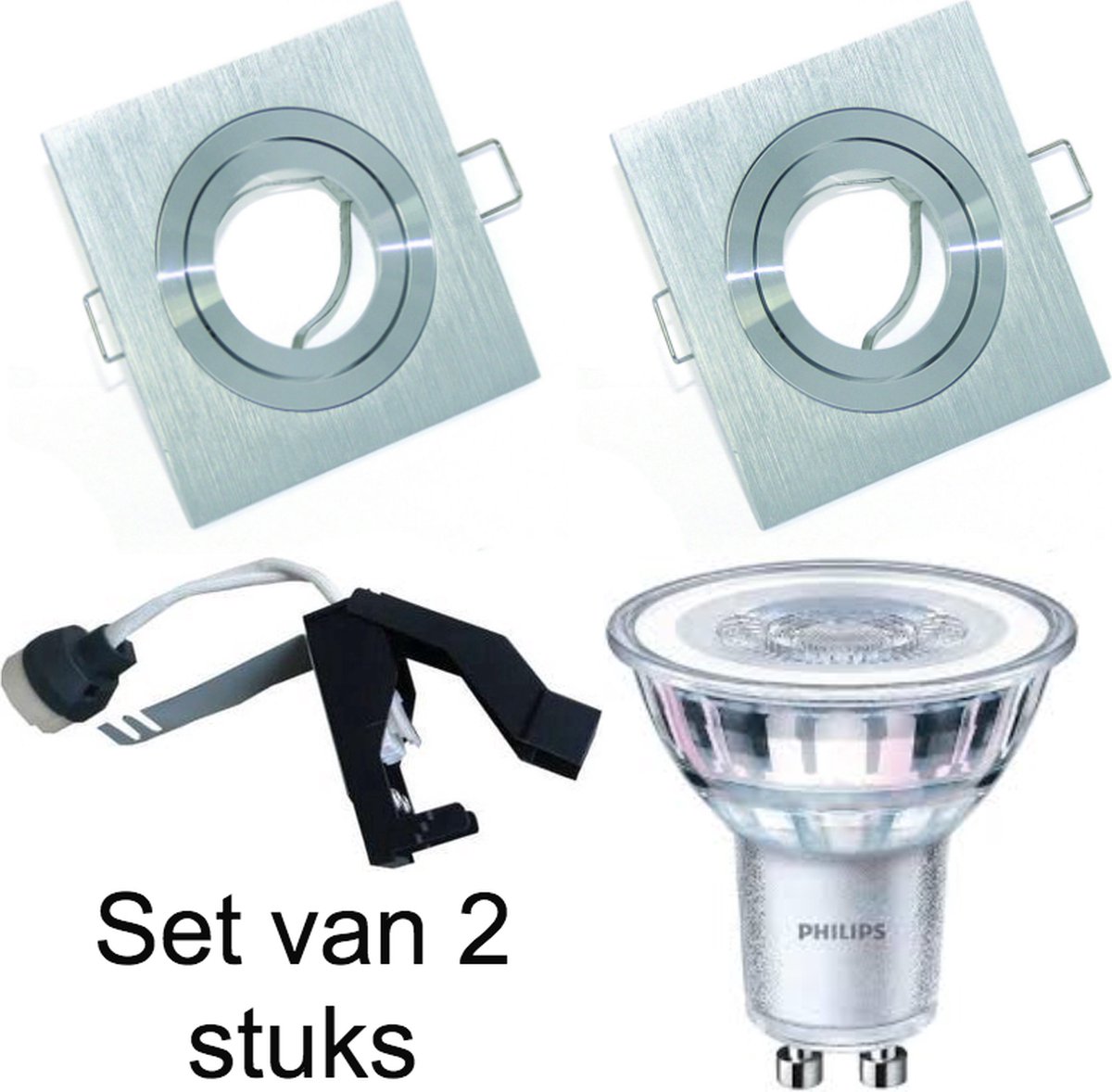 Inbouwspots aluminium met ledlamp set van 2 stuks 230 Volt - Led inbouwspot vierkant. Verstelbaar met dimbare ledlamp kleur 3000K - 230Volt inbouwspot met GU10 ledlamp 3000K.