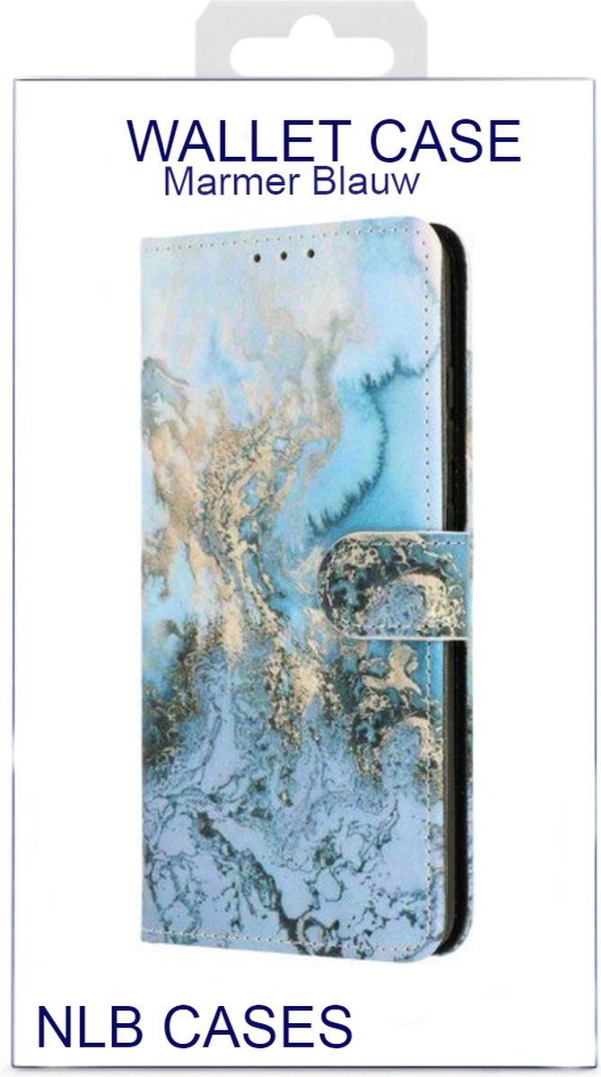 Bookcase marmer blauw print met vakjes - Huawei Y5 2019 - Portemonnee hoesje met magneetsluiting