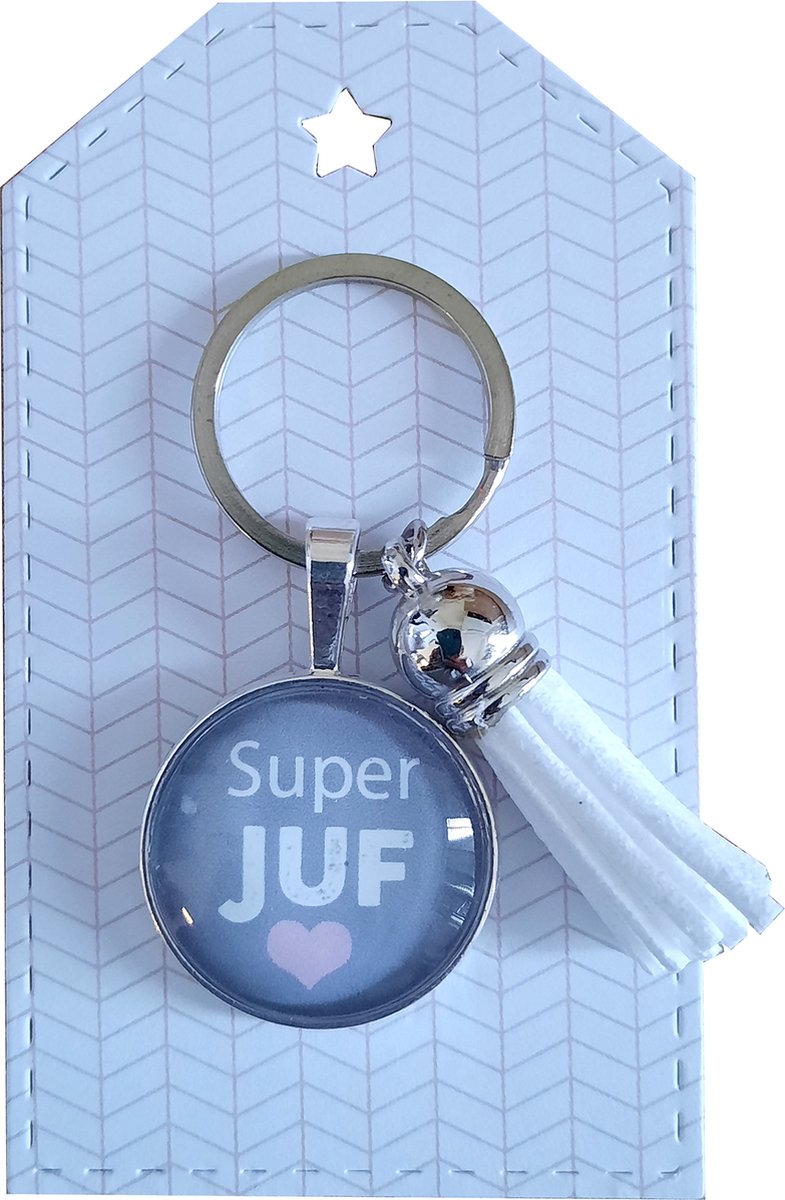 Juffendag sleutelhanger met teksthanger Super Juf grijs / wit