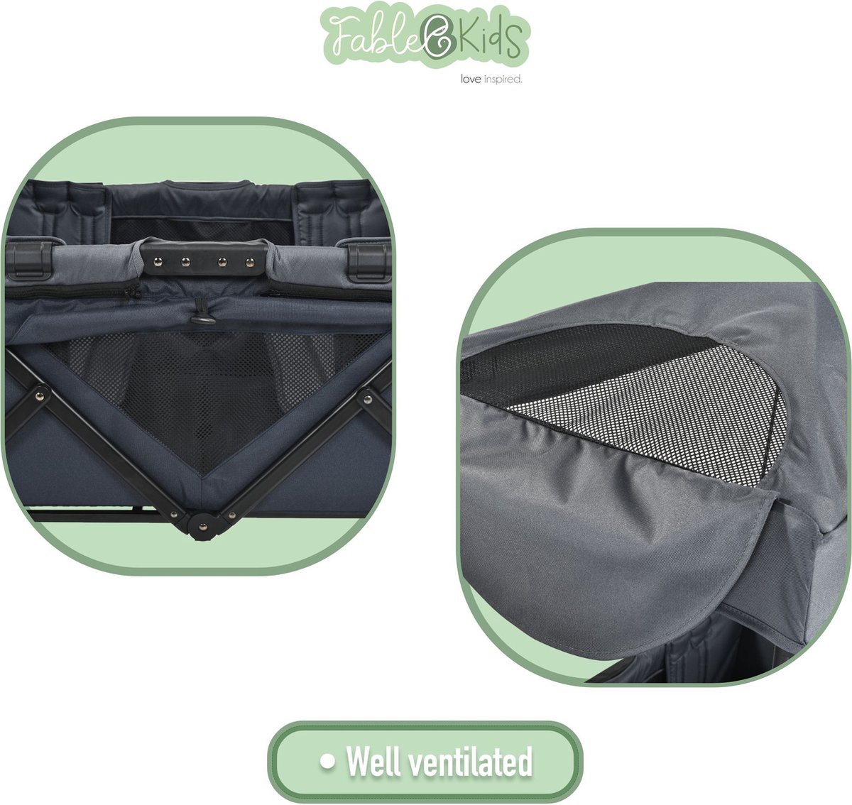 FableKids Chariot Leo X4Plus avec Toit | Chariot de Transport Pliable | Harnais 4X 5 Points | Roues Tout-Terrain 360° | Frein à Pied | Oxford 600D| Filets d'aération | Gris fossile