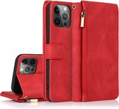 Casemania Hoesje Geschikt voor Apple iPhone 13 Pro Max Rood - Luxe Portemonnee Book Case met Rits & Extra Vakken