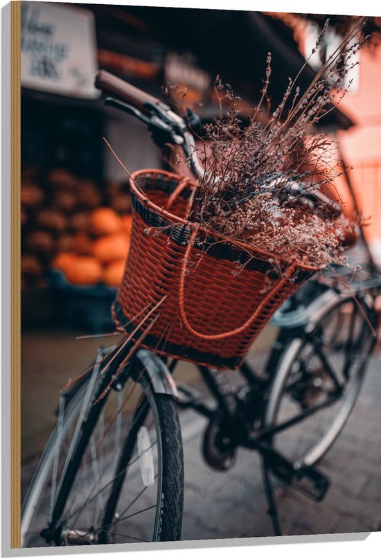 WallClassics - Hout - Takkenboeket in Fietsmandje - 70x105 cm - 9 mm dik - Foto op Hout (Met Ophangsysteem)