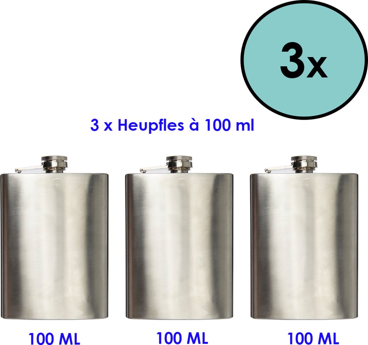 Heupfles - Platvink - Veldfles - Zakflacon - 100 ml - 3 Stuks