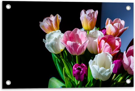 Tuinposter – Boeket van Lente Bloemen in Verschillende Kleuren - 60x40 cm Foto op Tuinposter (wanddecoratie voor buiten en binnen)