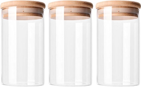 Krumble Voorraadpotten - Set van 3 - 700 ml per pot - Met deksel - Suikerpotten - Snoeppotten - Glazen potten - Voorraadbussen - Bewaarpot - 3-delig - Opbergen en bewaren - Luchtdicht - Glas - Hout - 9 x 9 x 16 cm