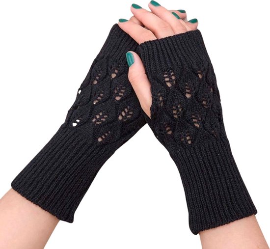 New Age Devi - Polswarmers Zwart | Vingerloze Opengewerkte Gebreide Handschoenen | Handwarmers