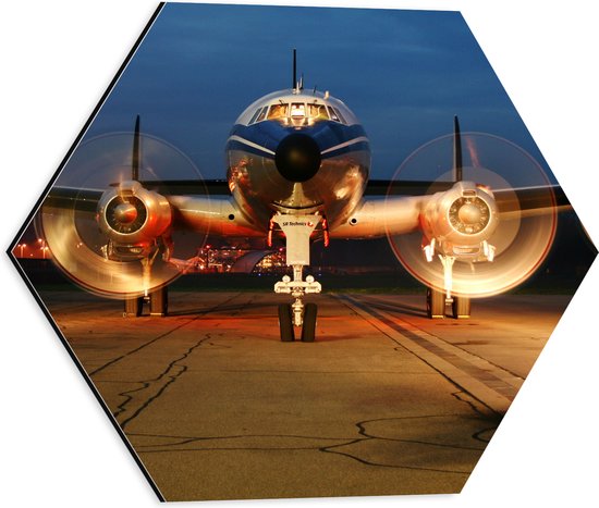 WallClassics - Dibond Hexagon - Vooraanzicht van Vliegtuig in de Avond - 40x34.8 cm Foto op Hexagon (Met Ophangsysteem)