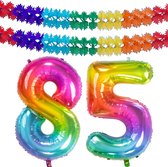Folat folie ballonnen - Leeftijd cijfer 85 - glimmend multi-kleuren - 86 cm - en 2x slingers