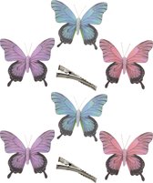 Othmar Decorations Decoratie vlinders op clip - 6x stuks - paars/blauw/roze - 12 cm