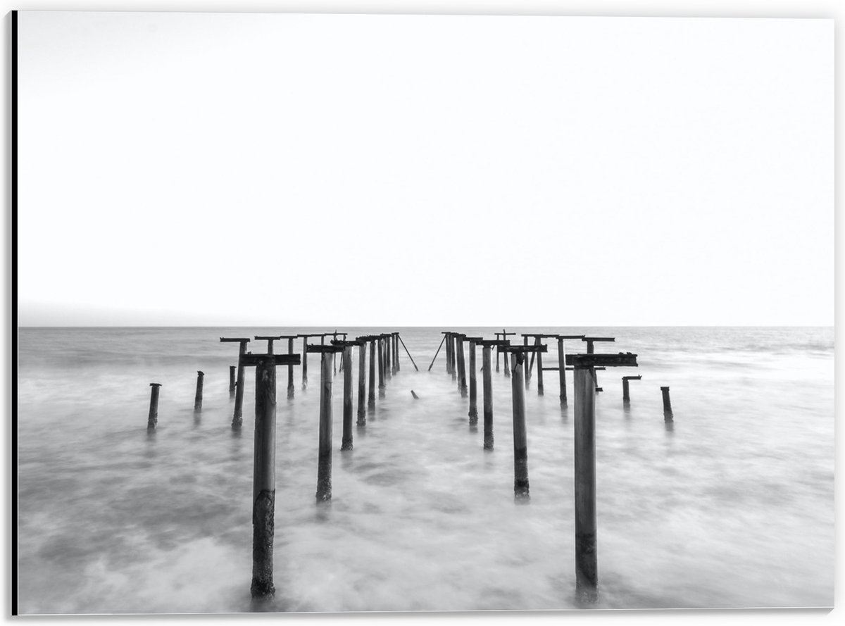 Dibond - Rij Palen in de Zee - 40x30 cm Foto op Aluminium (Wanddecoratie van metaal)