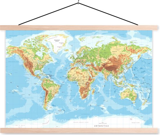 Posterhanger incl. Poster - Schoolplaat - Wereldkaart - Atlas - Topografie - 60x40 cm - Blanke latten