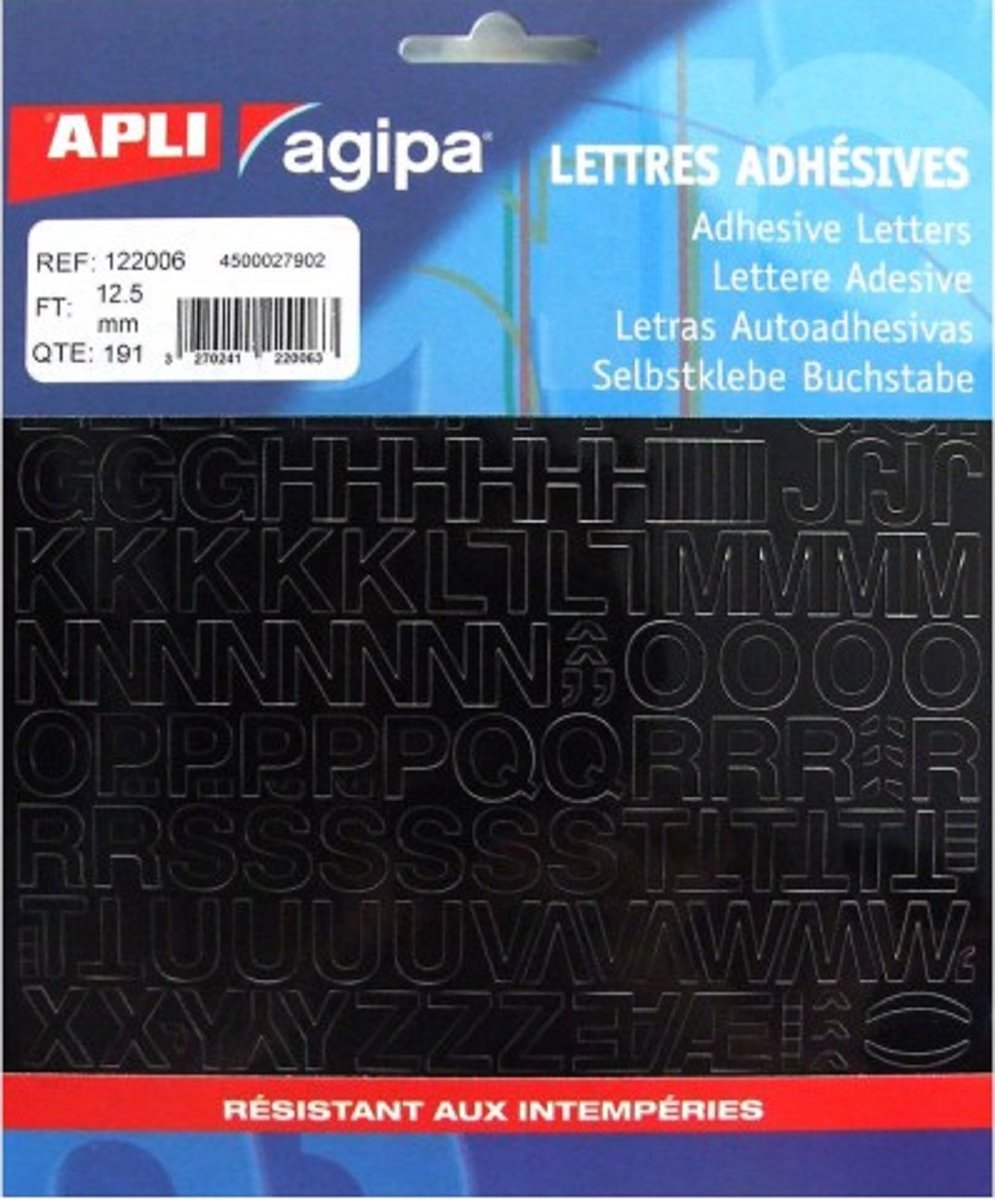 Agipa - etiketten cijfers en letters - letterhoogte 12,5 mm - zwart - 154 letters