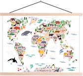 Schoolplaat - Textielposter - Wereldkaart - Kinderen - Dieren - 120x90 cm - Textiel poster