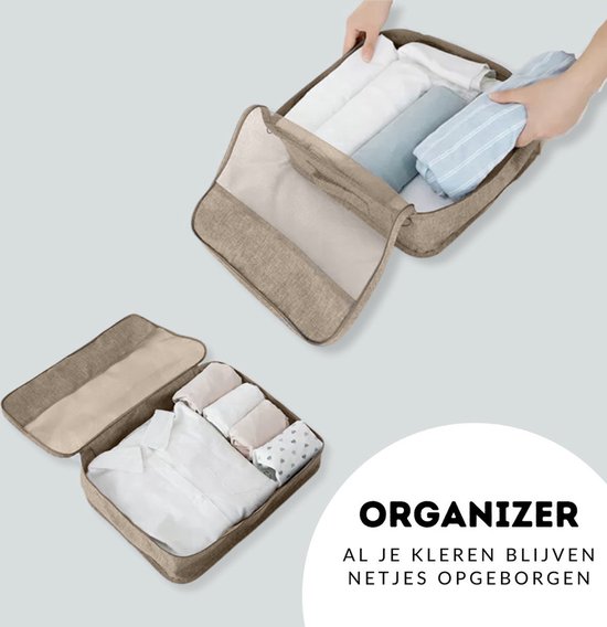 Set beige opbergorganizers voor kleding, met gevouwen shirts en ondergoed.