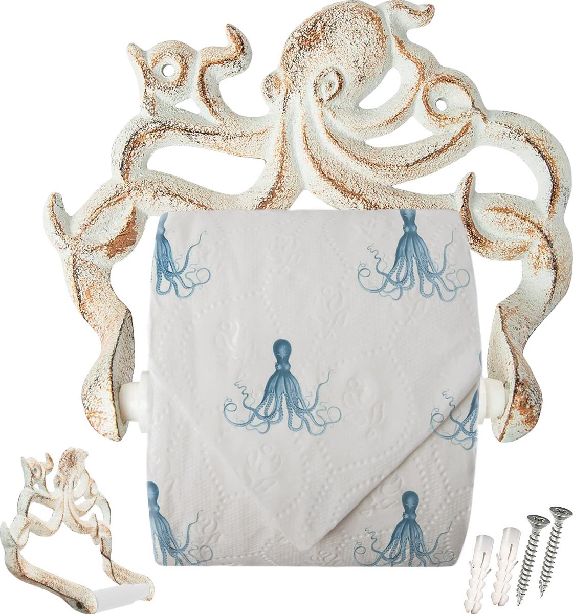 Decoratieve Gietijzeren Octopus Toiletrolhouder - Wandgemonteerde Octopus Décor voor Badkamer - Kraken, Nautische Badkamer Accessoires - Gemakkelijk te installeren met meegeleverde Schroeven en Ankers
