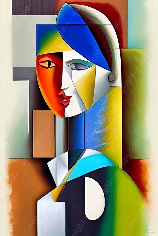 JJ-Art (Aluminium) 90x60 | Vrouw abstract kubisme in Picasso stijl - kunst - woonkamer - slaapkamer | blauw, bruin, rood, geel, groen, modern | Foto-Schilderij print op Dibond (metaal wanddecoratie) | KIES JE MAAT