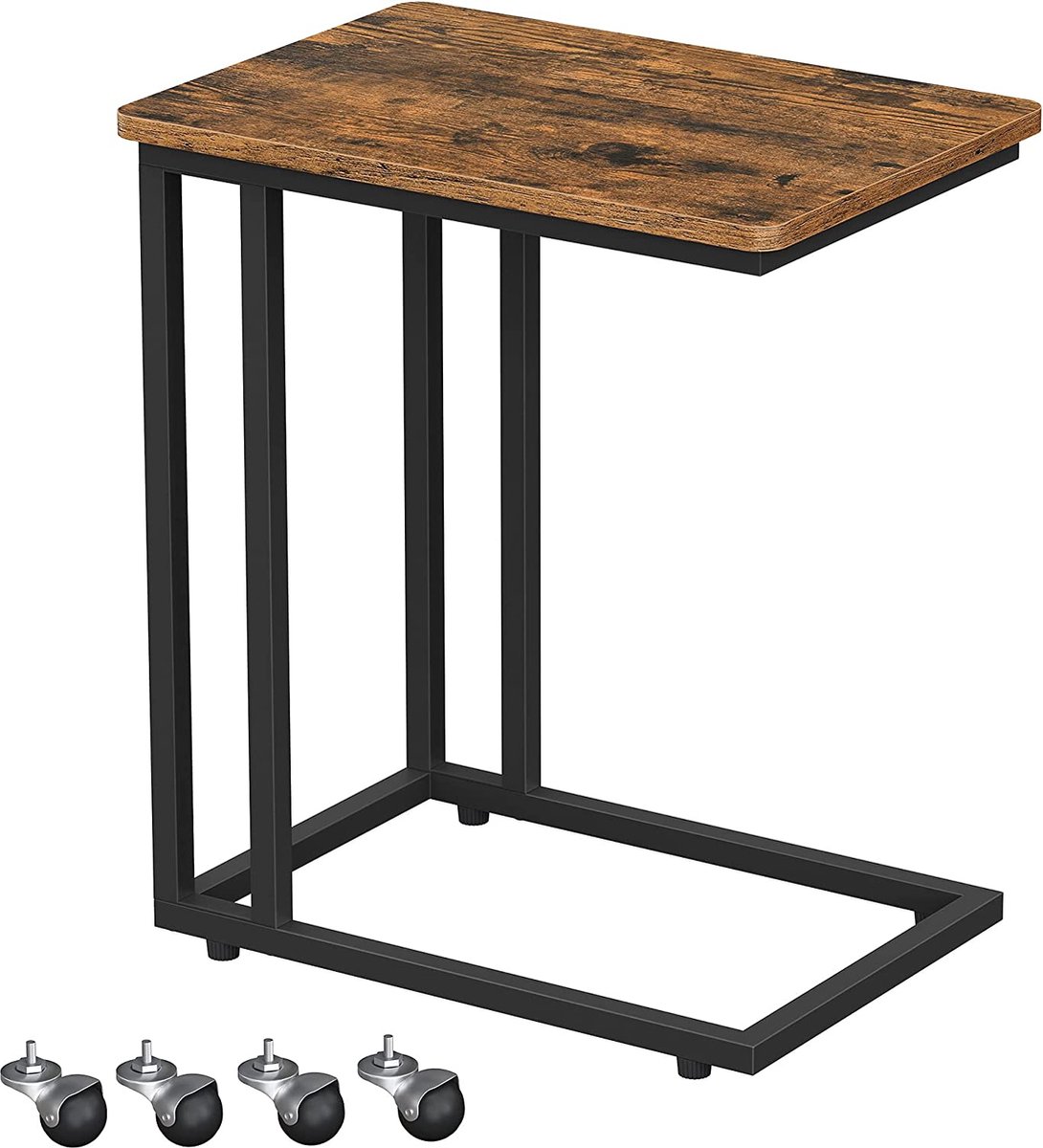 MAZAZU MIRA Home Bijzettafel met Wieltjes - Industriële Bedtafel - Metaal/Hout - Zwart/Bruin - L50 x H62 cm