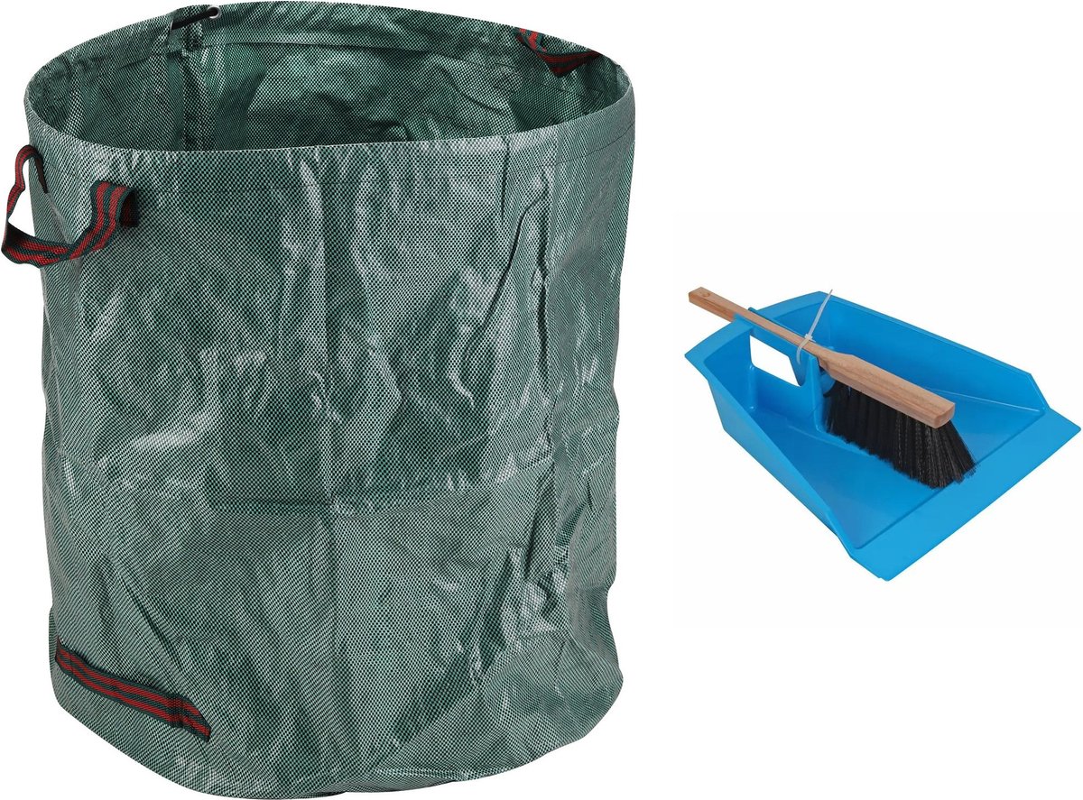 Goedkoopste Talen Tools Stoffer en blik - blauw - 43 cm - met tuinafvalzak 272L voor tuinafval/bladeren