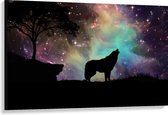 WallClassics - Canvas - Silhouette van een Wolf bij Sterrenhemel - 120x80 cm Foto op Canvas Schilderij (Wanddecoratie op Canvas)