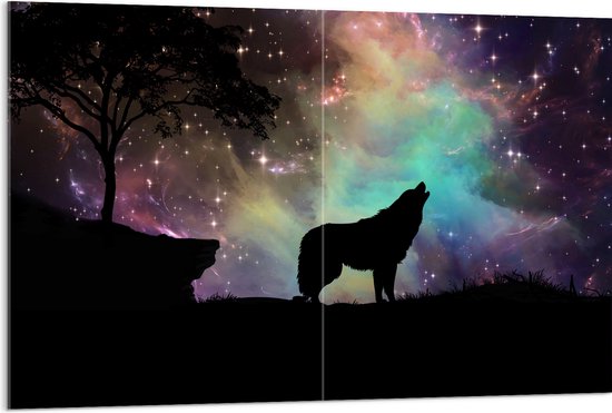 WallClassics - Acrylglas - Silhouette van een Wolf bij Sterrenhemel - 120x80 cm Foto op Acrylglas (Wanddecoratie op Acrylaat)