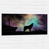 WallClassics - Muursticker - Silhouette van een Wolf bij Sterrenhemel - 100x50 cm Foto op Muursticker