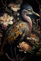 Kleurrijke kraanvogel bloemen poster - 60 x 90 cm
