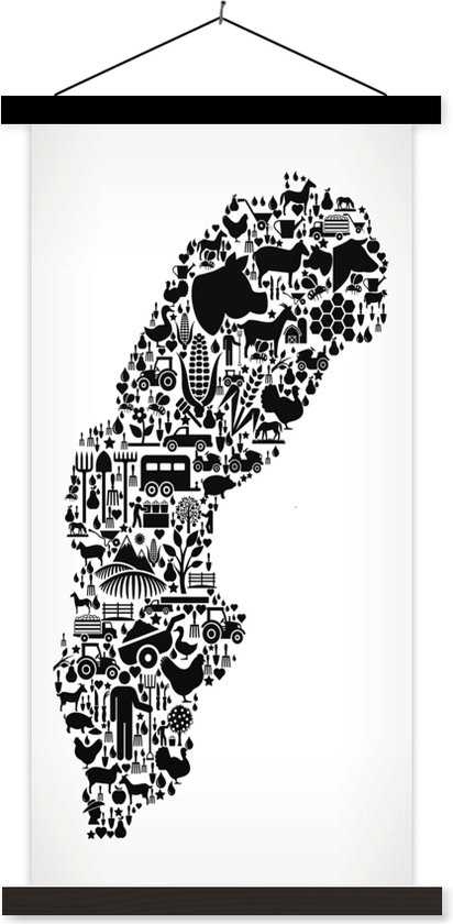 Carte de la Suède avec icônes en noir et blanc 90x180 cm
