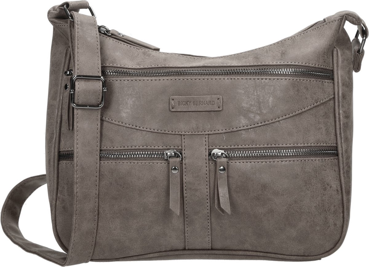 Bicky Bernard Schoudertas Dames Grijs - PU Leer Crossbodytas - 31x9x30cm - Verstelbare Schouderband - 9 Vakken - Handtas voor Dames met Ritssluiting