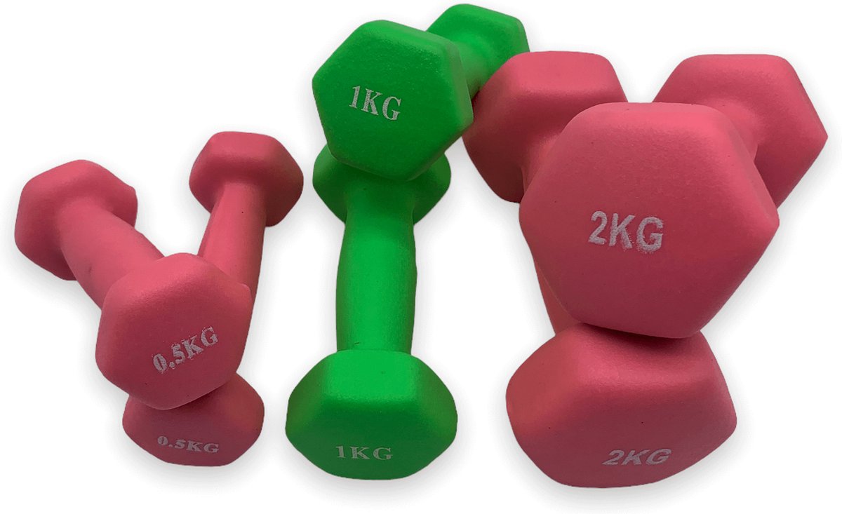 dumbell - Neopreen set 0,5 - 1 en 2 kg - dumbellset - fitness - roze en groen - gewichten set 0,5 kg - gewichtjes 1 kg - fitness gewichten 0,5 - 1 en 2 kg