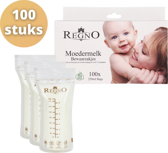 Regno Moedermelk Bewaarzakjes - Borstvoeding zakjes - BPA vrij - 250 ML - Lekvrij - 100 Stuks - Regno
