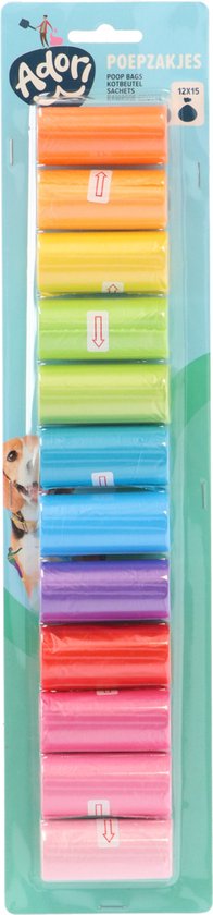 Verpakking met 12 rollen Adori poepzakjes in regenboogkleuren: oranje, geel, lichtgroen, groen, turquoise, blauw, paars, roze, rood, lichtroze.