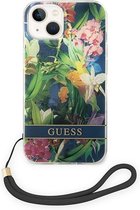 Guess Flower Back Cover met Strap - Geschikt voor Apple iPhone 14 (6.1") - Blauw
