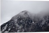 PVC Schuimplaat - Hoge Berg met Bomen tussen de Mist - 90x60 cm Foto op PVC Schuimplaat (Met Ophangsysteem)