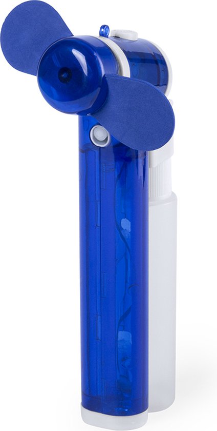 Blauwe mini handventilator met waterverstuiver, batterijgevoed, kunststof, 35 ml sprayfunctie, draagbaar