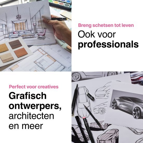 Collage met interieurontwerp, schetsen van auto's, illustraties, calligrafie en kleurplaten, met Vivid Green markers.
