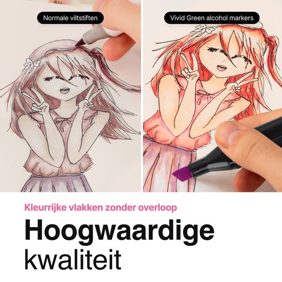 Vergelijking van Vivid Green alcohol markers met normale viltstiften, met anime-stijl tekening in kleur.