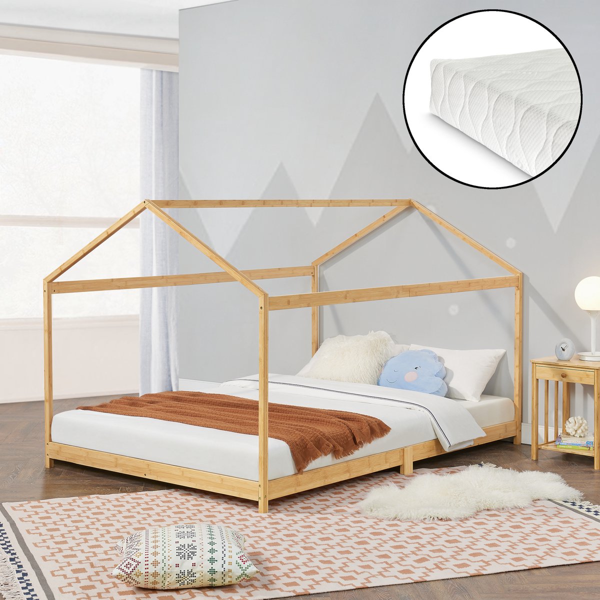 en.casa Kinderbed Vindafjord huisbed met matras bamboe 120x200 cm houtkleurig