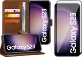 Hoesje geschikt voor Samsung Galaxy S23 - Screen Protector FullGuard - Book Case Leer Pasjeshouder Bruin & Screenprotector