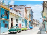 Tuinposter – Gekleurde Geparkeerde Auto's in Kleurrijke Straat - Cuba - 80x60 cm Foto op Tuinposter (wanddecoratie voor buiten en binnen)