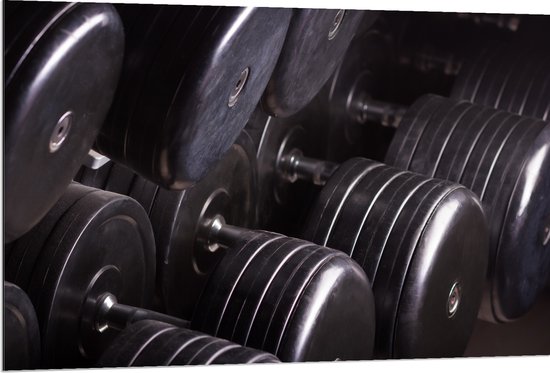 Dibond - Foto van Rek Vol Dumbells in Sportschool - 120x80 cm Foto op Aluminium (Wanddecoratie van metaal)